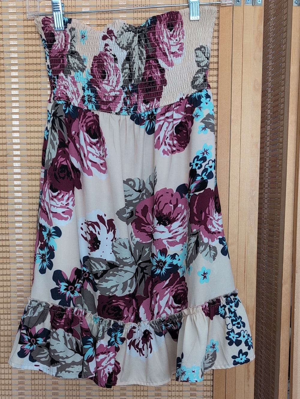 GUESS Floral Smocked Strapless Top in Cream, Pink & Teal